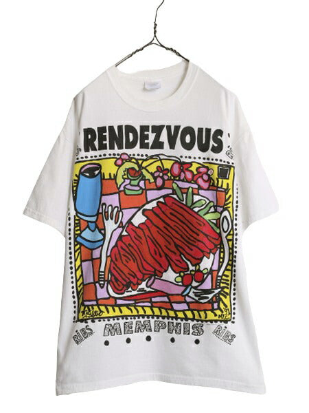 00s 企業 アート イラスト プリント Tシャツ メンズ XL 古着 00年代 オールド グラフィック 企業物 大きいサイズ ヘビーウェイト ホワイト