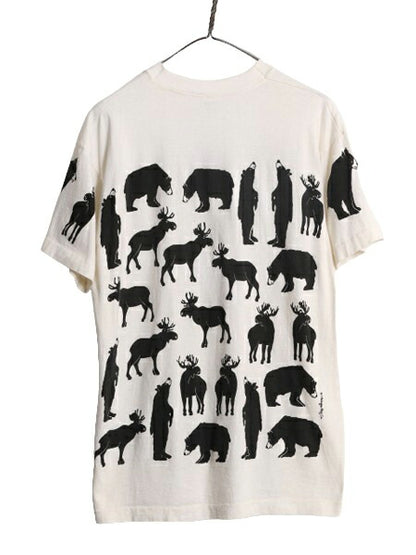 90s USA製 ミシガンラグ アニマル アート イラスト プリント Tシャツ メンズ レディース L 90年代 総柄 MICHIGAN RAG シングルステッチ 白