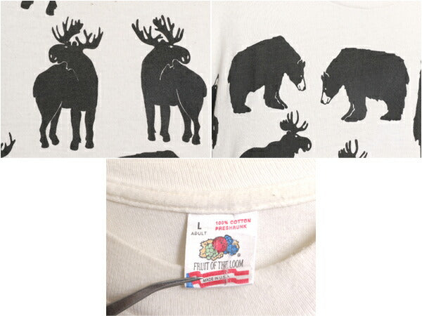 90s USA製 ミシガンラグ アニマル アート イラスト プリント Tシャツ メンズ レディース L 90年代 総柄 MICHIGAN RAG シングルステッチ 白