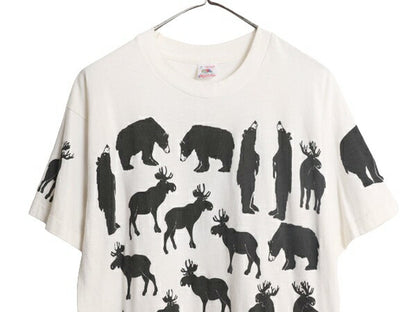 90s USA製 ミシガンラグ アニマル アート イラスト プリント Tシャツ メンズ レディース L 90年代 総柄 MICHIGAN RAG シングルステッチ 白