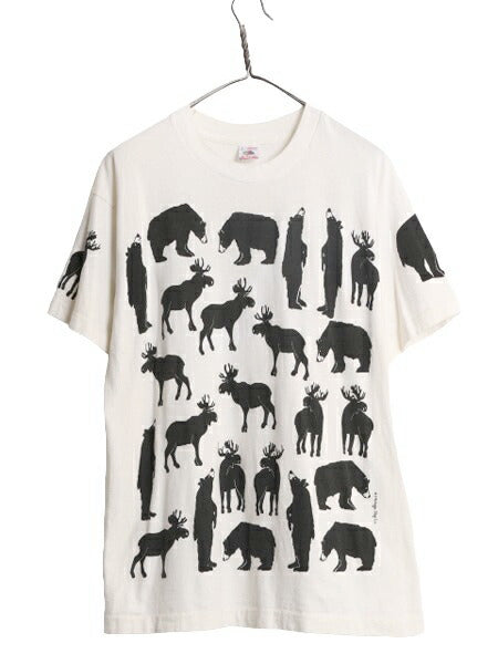 90s USA製 ミシガンラグ アニマル アート イラスト プリント Tシャツ メンズ レディース L 90年代 総柄 MICHIGAN RAG シングルステッチ 白