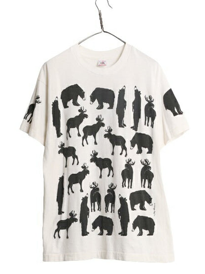 90s USA製 ミシガンラグ アニマル アート イラスト プリント Tシャツ メンズ レディース L 90年代 総柄 MICHIGAN RAG シングルステッチ 白