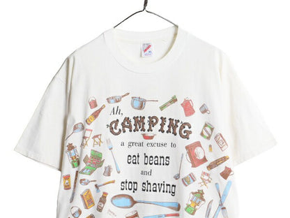 90s USA製 キャンプ グッズ イラスト プリント 半袖 Tシャツ メンズ XL 90年代 オールド アウトドア 大きいサイズ ヘビーウェイト 総柄