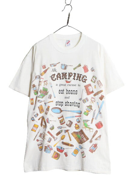 90s USA製 キャンプ グッズ イラスト プリント 半袖 Tシャツ メンズ XL 90年代 オールド アウトドア 大きいサイズ ヘビーウェイト 総柄