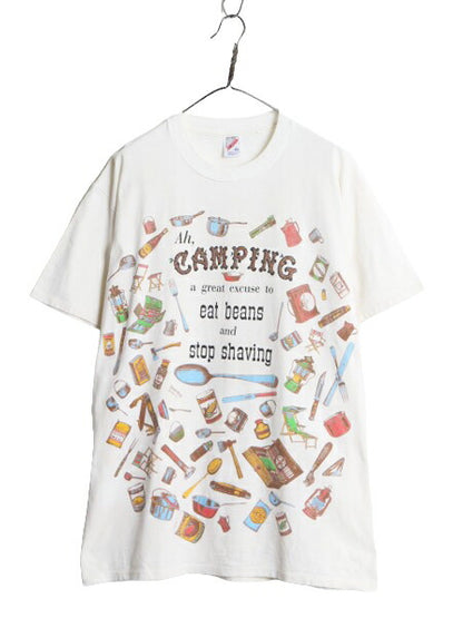 90s USA製 キャンプ グッズ イラスト プリント 半袖 Tシャツ メンズ XL 90年代 オールド アウトドア 大きいサイズ ヘビーウェイト 総柄