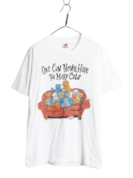 90s USA製 ネコ キャラクター メッセージ イラスト プリント Tシャツ メンズ L 古着 オールド アート シングルステッチ ヘビーウェイト 白