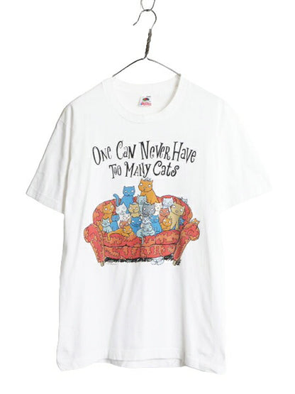 90s USA製 ネコ キャラクター メッセージ イラスト プリント Tシャツ メンズ L 古着 オールド アート シングルステッチ ヘビーウェイト 白