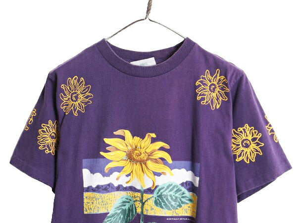 90s カナダ製 ひまわり アート イラスト オールオーバー プリント Tシャツ メンズ レディース M オールド 総柄 フラワー シングルステッチ