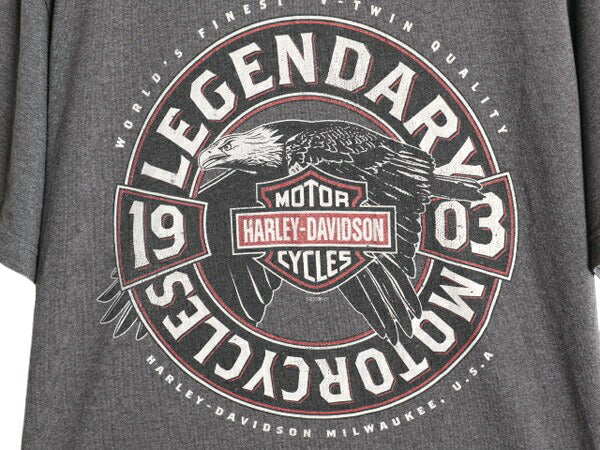 ハーレー ダビッドソン 両面 プリント Tシャツ メンズ M 程 古着 オフィシャル ヘビーウェイト イーグル バイク イラスト グラフィック 灰