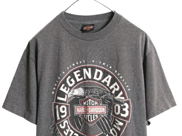 ハーレー ダビッドソン 両面 プリント Tシャツ メンズ M 程 古着 オフィシャル ヘビーウェイト イーグル バイク イラスト グラフィック 灰