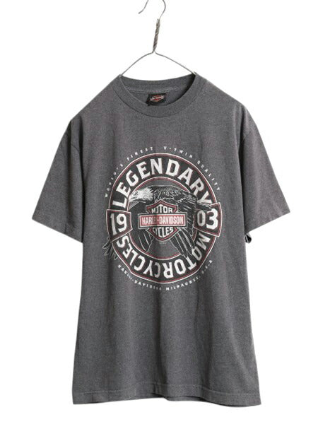 ハーレー ダビッドソン 両面 プリント Tシャツ メンズ M 程 古着 オフィシャル ヘビーウェイト イーグル バイク イラスト グラフィック 灰