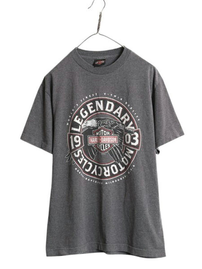 ハーレー ダビッドソン 両面 プリント Tシャツ メンズ M 程 古着 オフィシャル ヘビーウェイト イーグル バイク イラスト グラフィック 灰