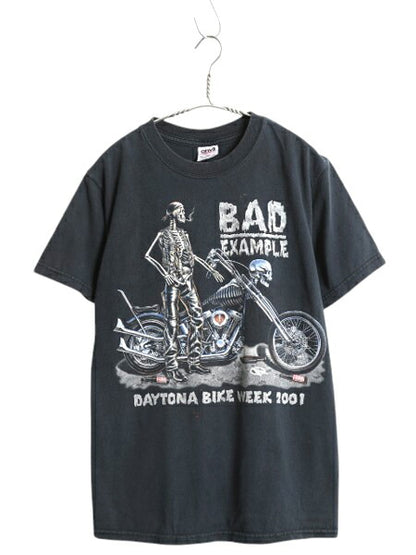 00s デイトナビーチ 両面 イラスト プリント Tシャツ M / オールド 当時物 オフィシャル バイク イーグル スカル ヘビーウェイト ドクロ 黒