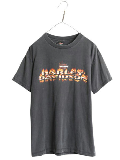 00s USA製 ハーレー ダビッドソン 両面 プリント Tシャツ メンズ L / オールド オフィシャル バイク ファイヤー イラスト グラフィック 黒