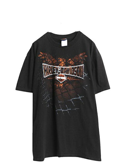 ハーレー ダビッドソン 両面 プリント Tシャツ メンズ XL オフィシャル バイク イーグル 星条旗 イラスト ヘビーウェイト 黒 大きいサイズ