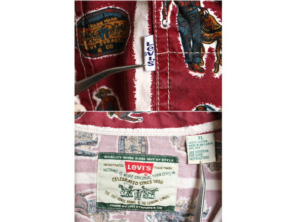 90s リーバイス 総柄 コットン 長袖 シャツ メンズ XL / オールド Levis サドルマン マルチカラー ストライプ ポケット付き 大きいサイズ