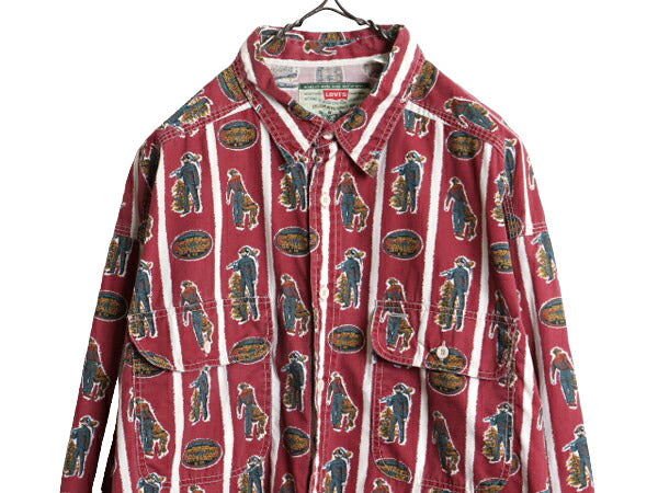 90s リーバイス 総柄 コットン 長袖 シャツ メンズ XL / オールド Levis サドルマン マルチカラー ストライプ ポケット付き 大きいサイズ