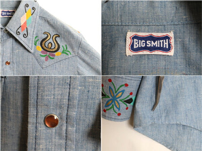 1点物 70s BIG SMITH ハンドペイント 長袖 シャンブレー ウエスタン シャツ メンズ M 程 ヴィンテージ ビッグスミス ハンドメイド カスタム