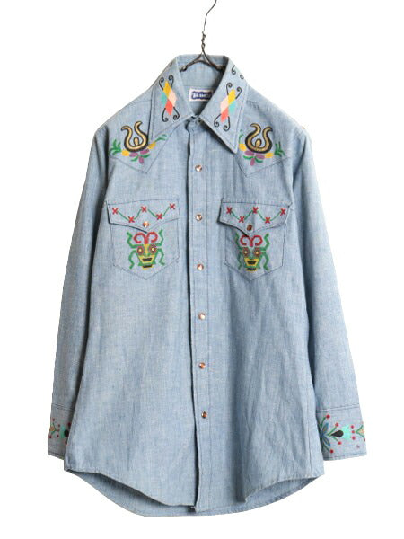1点物 70s BIG SMITH ハンドペイント 長袖 シャンブレー ウエスタン シャツ メンズ M 程 ヴィンテージ ビッグスミス ハンドメイド カスタム