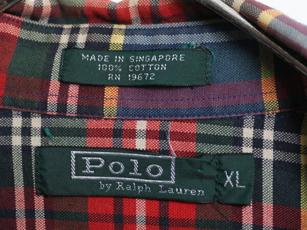 90s ポロ ラルフローレン チェック オックスフォード ボタンダウン シャツ キッズ XL メンズ M 古着 長袖シャツ マルチカラー ポケット付き