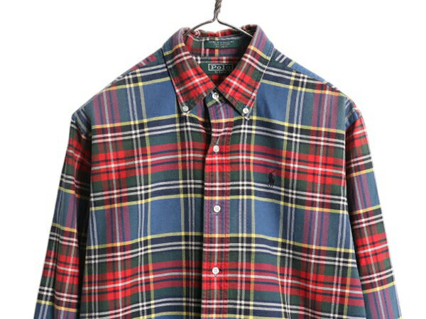 90s ポロ ラルフローレン チェック オックスフォード ボタンダウン シャツ キッズ XL メンズ M 古着 長袖シャツ マルチカラー ポケット付き