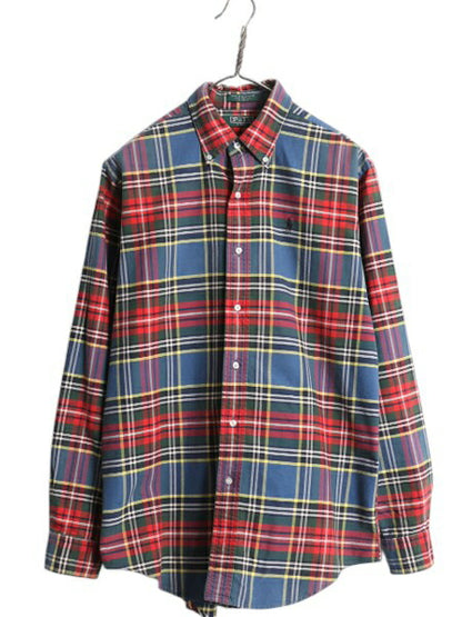 90s ポロ ラルフローレン チェック オックスフォード ボタンダウン シャツ キッズ XL メンズ M 古着 長袖シャツ マルチカラー ポケット付き