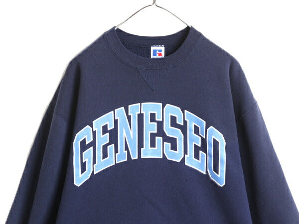 90s USA製 ラッセル カレッジ プリント スウェット メンズ レディース L 古着 90年代 オールド RUSSELL トレーナー 裏起毛 前V 紺 スエット