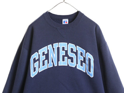 90s USA製 ラッセル カレッジ プリント スウェット メンズ レディース L 古着 90年代 オールド RUSSELL トレーナー 裏起毛 前V 紺 スエット