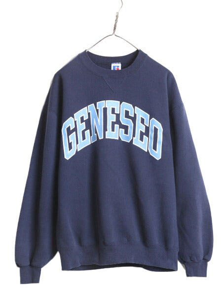 90s USA製 ラッセル カレッジ プリント スウェット メンズ レディース L 古着 90年代 オールド RUSSELL トレーナー 裏起毛 前V 紺 スエット