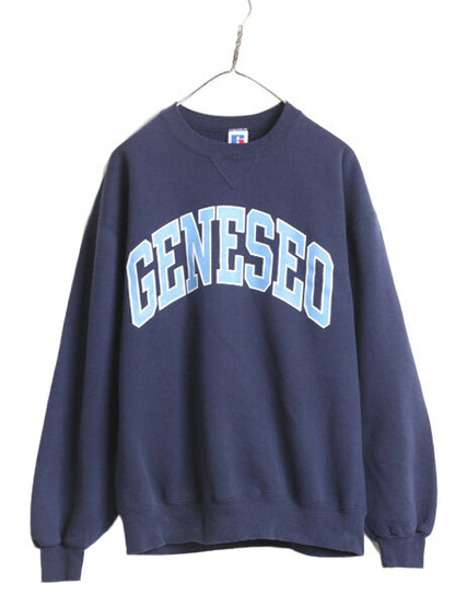 90s USA製 ラッセル カレッジ プリント スウェット メンズ レディース L 古着 90年代 オールド RUSSELL トレーナー 裏起毛 前V 紺 スエット