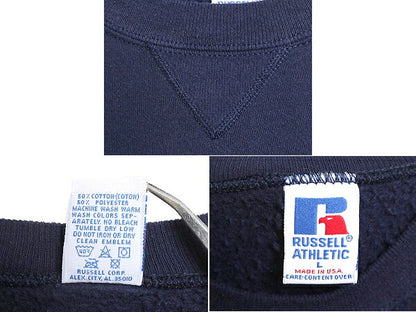 90s USA製 ラッセル カレッジ プリント スウェット メンズ レディース L 古着 90年代 オールド RUSSELL トレーナー 裏起毛 前V 紺 スエット