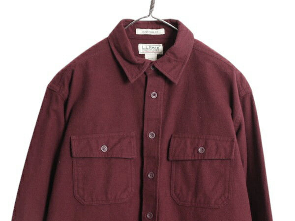 エルエルビーン コットン シャモア クロス シャツ メンズ M 古着 LLBean アウトドア 長袖シャツ ネルシャツ ヘビー フランネル 無地 エンジ