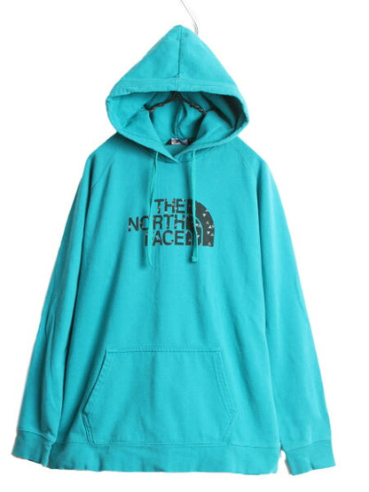 ノースフェイス プリント スウェット フード パーカー レディース XL 古着 The North Face アウトドア トレーナー プルオーバー 裏起毛 青