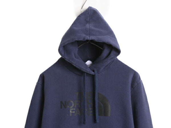 ノースフェイス プリント スウェット フード パーカー メンズ M 古着 The North Face ロゴ プルオーバー 裏起毛 トレーナー アウトドア 紺