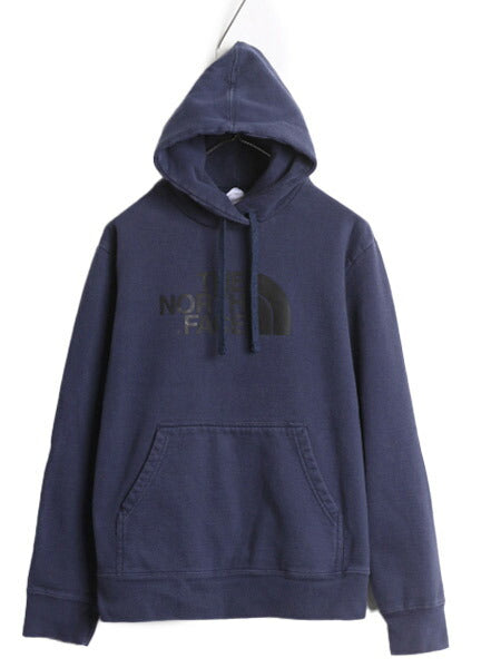 ノースフェイス プリント スウェット フード パーカー メンズ M 古着 The North Face ロゴ プルオーバー 裏起毛 トレーナー アウトドア 紺