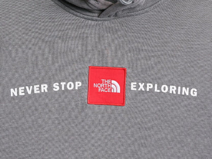 US企画 ノースフェイス プリント スウェット フード パーカー メンズ L 程 古着 The North Face ボックスロゴ ワッペン 刺繍 トレーナー 灰