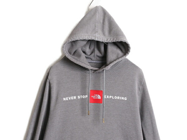 US企画 ノースフェイス プリント スウェット フード パーカー メンズ L 程 古着 The North Face ボックスロゴ ワッペン 刺繍 トレーナー 灰