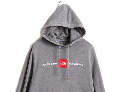 US企画 ノースフェイス プリント スウェット フード パーカー メンズ L 程 古着 The North Face ボックスロゴ ワッペン 刺繍 トレーナー 灰