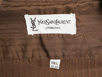 80s イヴサンローラン ストライプ 長袖 シャツ メンズ S 程/ 古着 ヴィンテージ ワイシャツ ドレス ポケット付き YSL 織り柄 モノグラム 茶