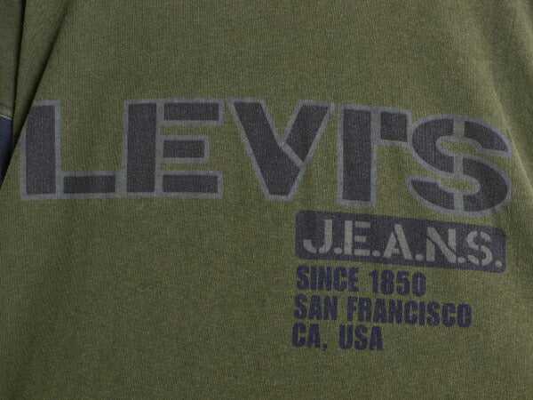 90s カナダ製 リーバイス プリント 長袖 Tシャツ メンズ M オールド ロングTシャツ ヘビーウェイト クルーネック ロンT ツートン カーキ 紺
