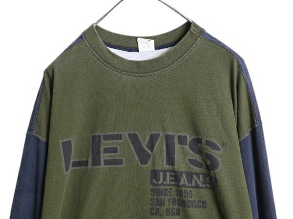 90s カナダ製 リーバイス プリント 長袖 Tシャツ メンズ M オールド ロングTシャツ ヘビーウェイト クルーネック ロンT ツートン カーキ 紺