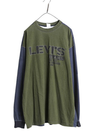 90s カナダ製 リーバイス プリント 長袖 Tシャツ メンズ M オールド ロングTシャツ ヘビーウェイト クルーネック ロンT ツートン カーキ 紺