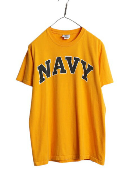 90s USA製 US NAVY プリント 半袖 Tシャツ メンズ M / オールド 当時物 ミリタリー ヘビーウェイト コットン イエロー 軍物 USN シンプル