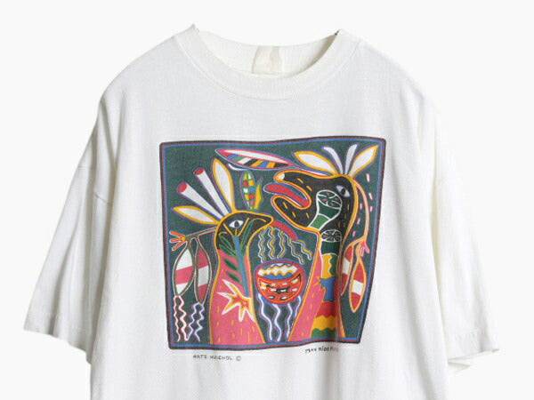 90s アート イラスト プリント Tシャツ メンズ XL 白 / オールド ネイティブ アニマル ヘビーウェイト グラフィック 大きいサイズ ホワイト