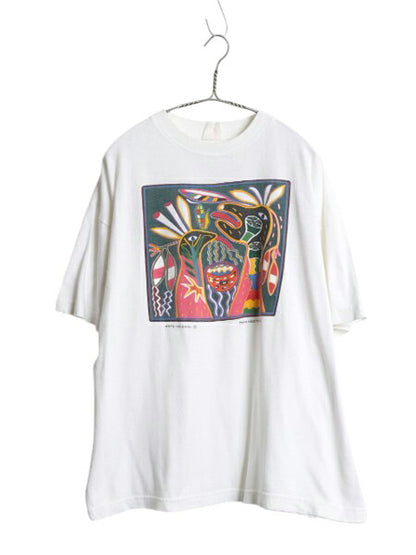 90s アート イラスト プリント Tシャツ メンズ XL 白 / オールド ネイティブ アニマル ヘビーウェイト グラフィック 大きいサイズ ホワイト