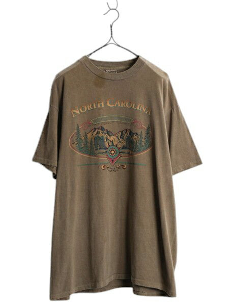 90s USA製 アウトドア イラスト プリント Tシャツ メンズ L / オールド シングルステッチ アート グラフィック 後染め ガーメントダイ 茶
