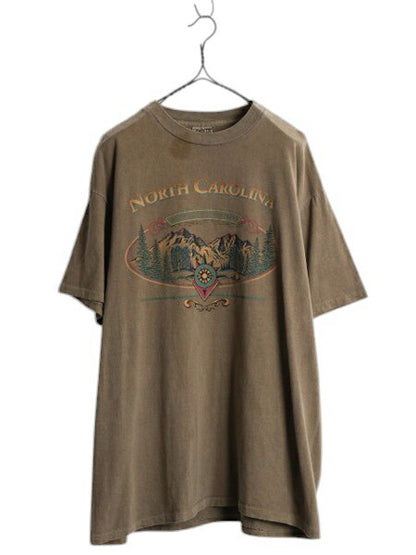 90s USA製 アウトドア イラスト プリント Tシャツ メンズ L / オールド シングルステッチ アート グラフィック 後染め ガーメントダイ 茶