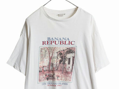 90s USA製 バナナリパブリック アート イラスト プリント Tシャツ メンズ XL オールド 当時物 シングルステッチ ホワイト 大きいサイズ 白