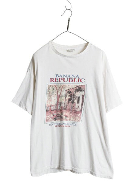 90s USA製 バナナリパブリック アート イラスト プリント Tシャツ メンズ XL オールド 当時物 シングルステッチ ホワイト 大きいサイズ 白