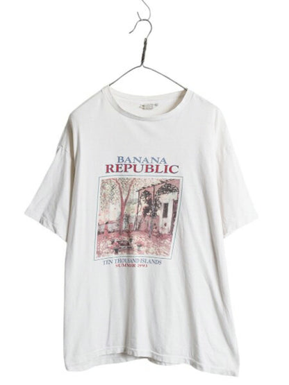 90s USA製 バナナリパブリック アート イラスト プリント Tシャツ メンズ XL オールド 当時物 シングルステッチ ホワイト 大きいサイズ 白